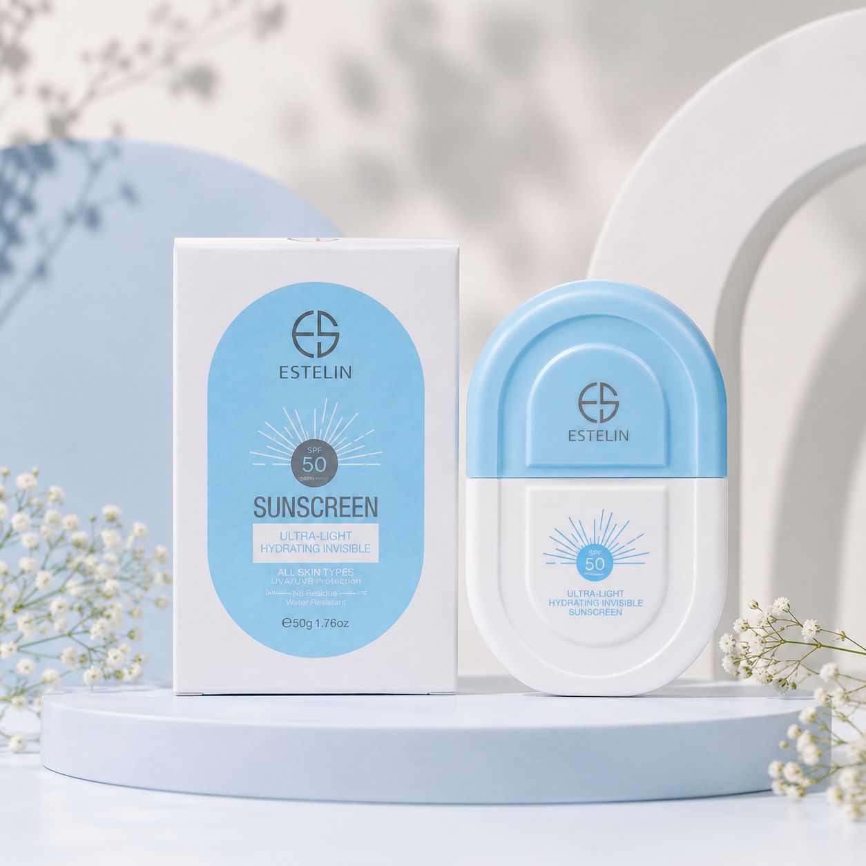 کرم ضد آفتاب بدون رنگ استلین، 50 SPF، مدل ultra light، مناسب انواع پوست و حجم 50 میلی‌لیتر