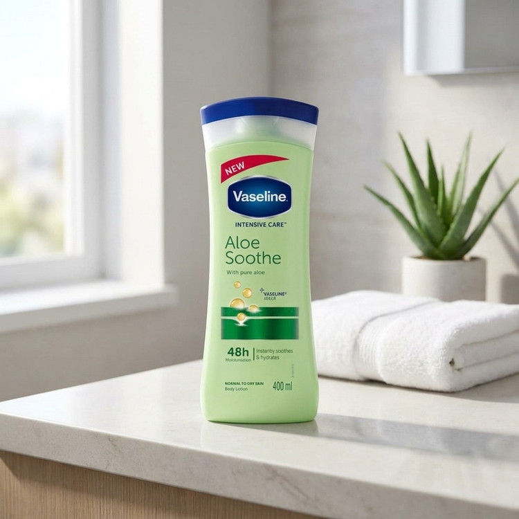 لوسیون نرمکننده بدن مدل Aloe Soothe حجم 400 میلیلیتر حاوی آلوئه ورا و ویتامین E با ماندگاری رطوبت تا 48 ساعت و مناسب پس از استحمام