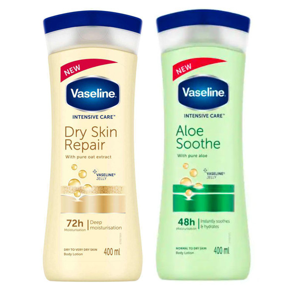 پک لوسیون بدن  مدل DRY INTENSIVE CARE حجم 400 میلی‌لیتر با روغن جو و مدل Aloe SOOTHE حجم 400 میلی‌لیتر با عصاره آلوئه ورا مناسب پوست خشک و حساس، مرطوب‌کننده قوی و التیام‌بخش